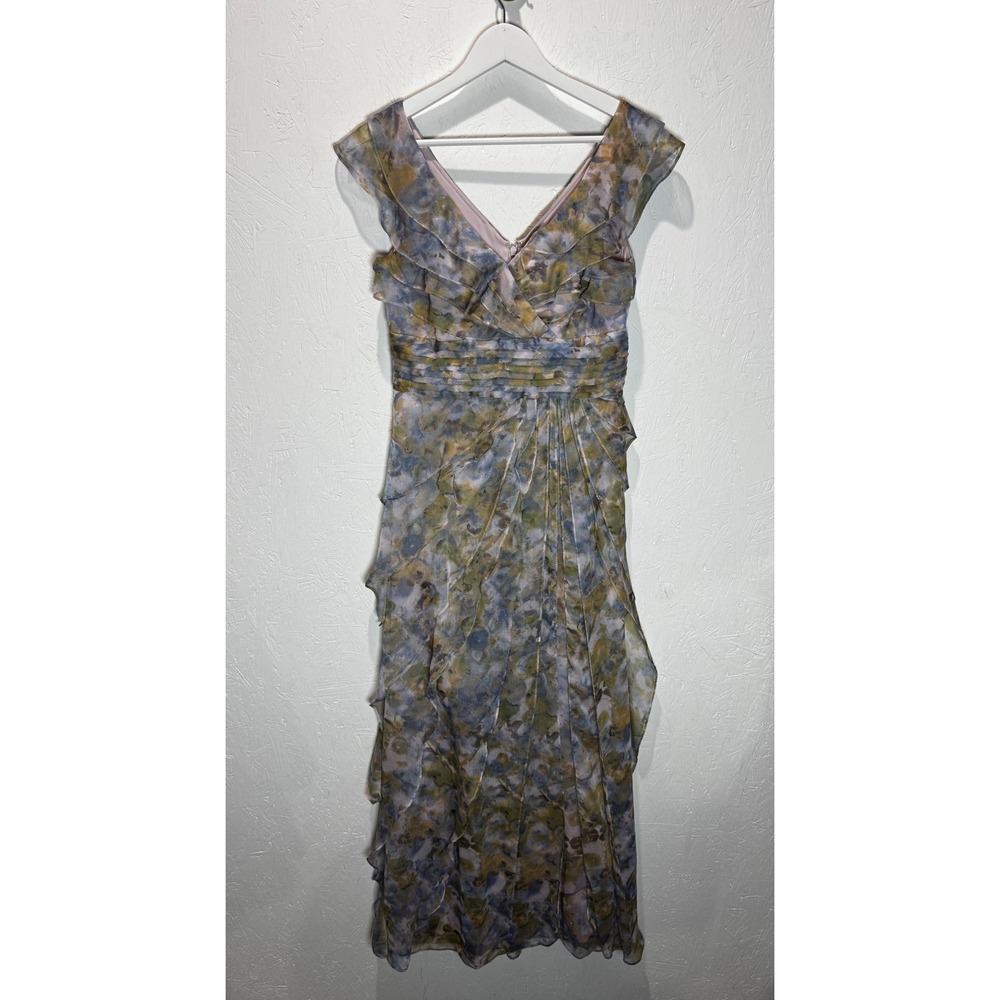Adrianna Papell Occasions Floral Ruffle Gown Blue Green Watercolor Dress 6P